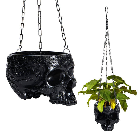 TWS-Skeleton Hanging Skull Plant Planter - Black