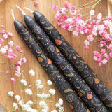 SD-Set of 3 Black Folk Floral Taper Candles