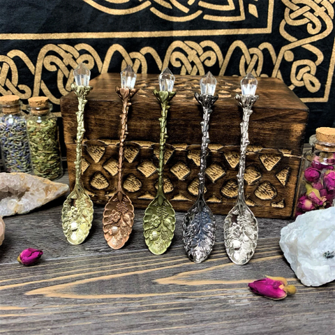 TLF-Witchy Herb Apothecary Spoons w/ Resin Crystal - Dark Silver