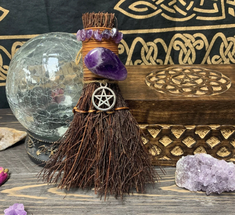 TLF-Amethyst Pentacle Witch's Besom, Witch Broom w/ Crystals